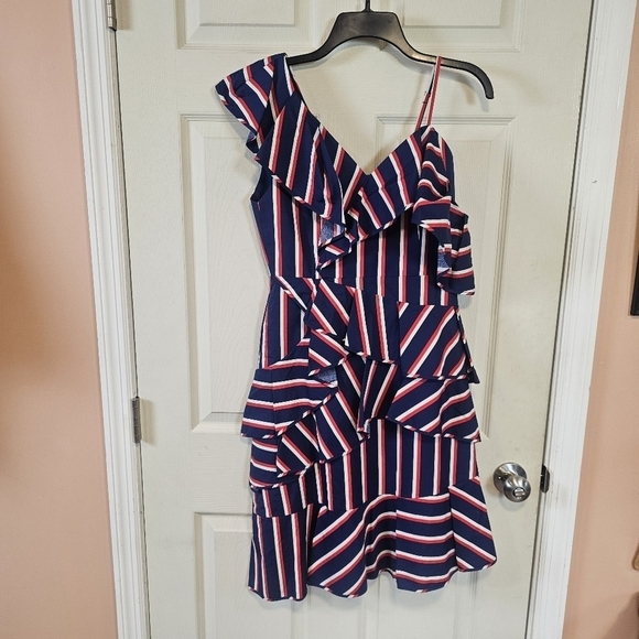 Alice & Olivia Laflora Asymmetrical Ruffle Striped V-Neck Dress - Picture 2 of 8